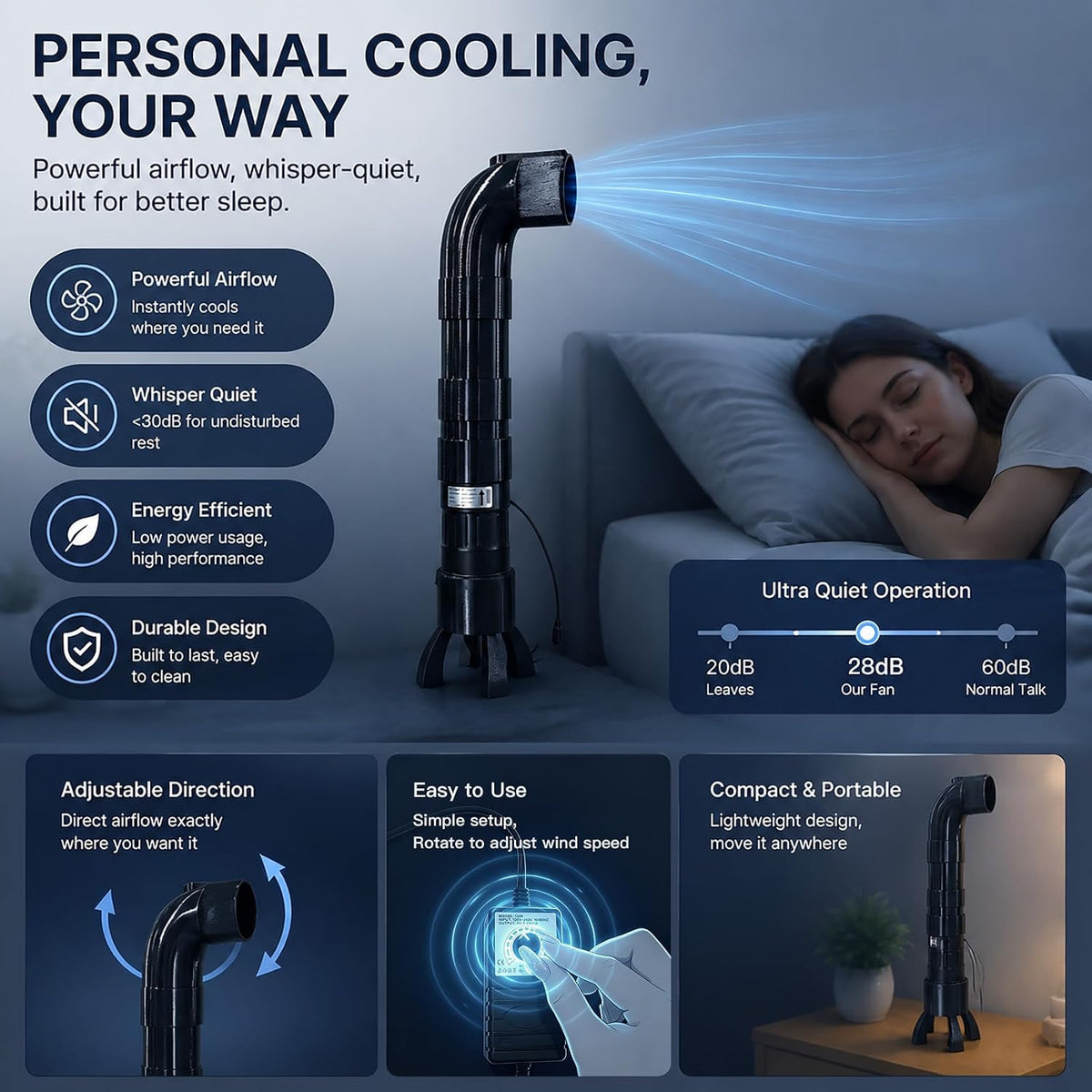 Bed Cooling Fan System for Night Sweats, Under Sheet Bed Fan for Hot Sleepers, Bed Cooling Fans for Cooler Sleep, Suitable for Beds With A Height of 70 cm/27.6 In or Less