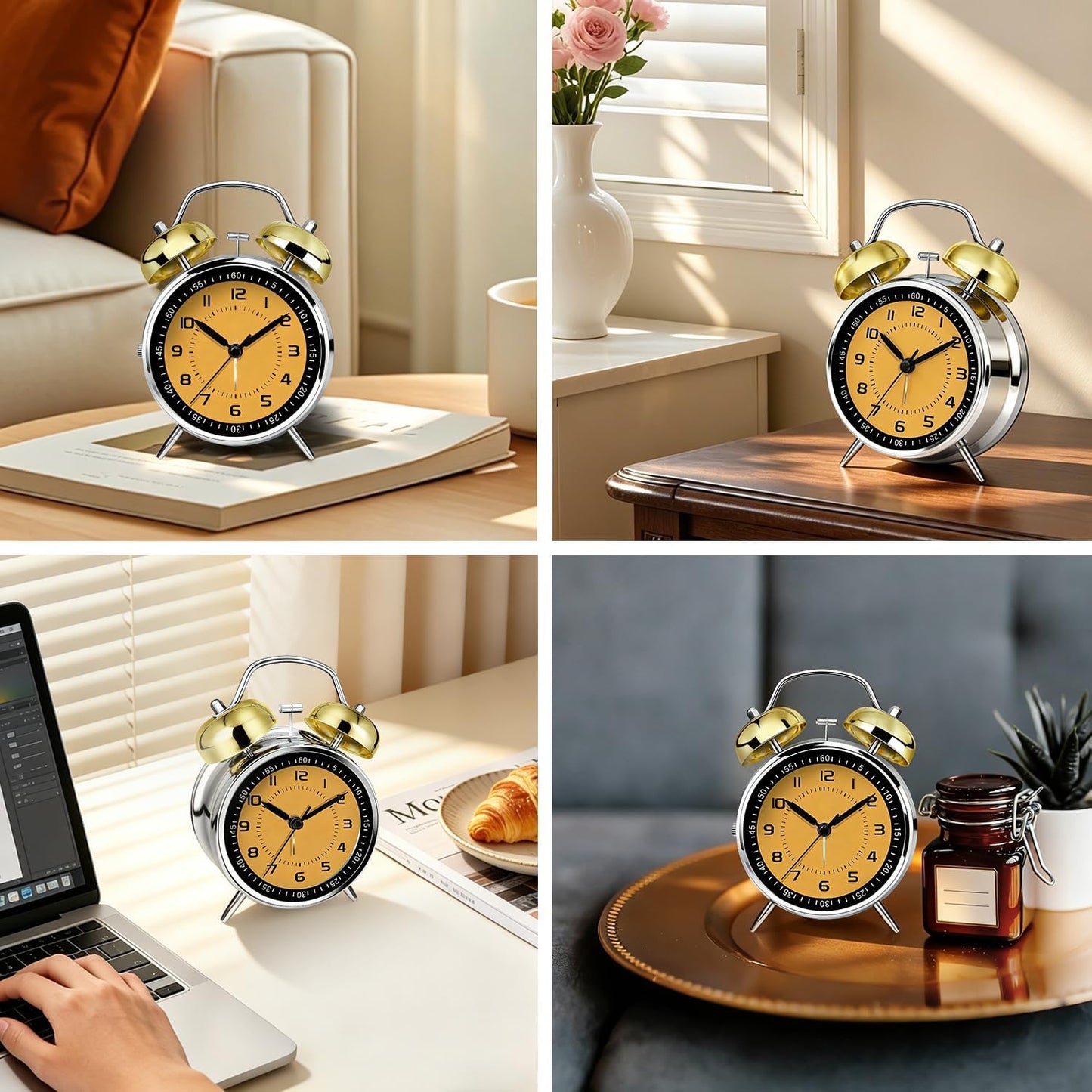 4.5" Metal Loud Alarm Clock for Heavy Sleepers Adults, Analog Battery Operated Alarm Clock with Bells Glow in Dark Numbers, Silent Old School Bedside Desk Clock for Bedroom Office Kids, Black