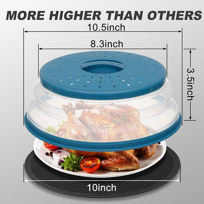 Large Microwave Splatter Cover & Silicone Mat,12 Inchs Vented Collapsible Guard dish Plate lid & Round Kitchen mat for food