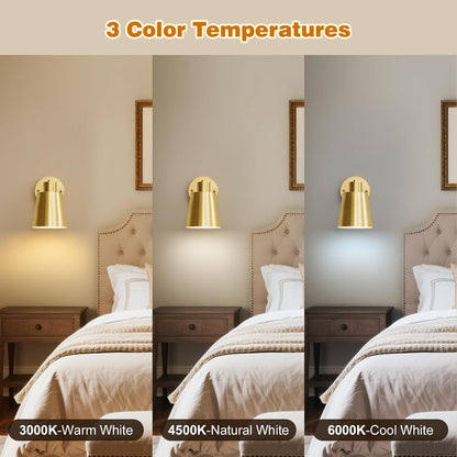 Gold Battery Operated Wall Sconces Set of Two with Remote, Rechargeable Battery Powered Wall Lights, 3 Color Temperature, Dimmable, Modern Wireless Wall Lamps for Bedroom Living Room Hallway