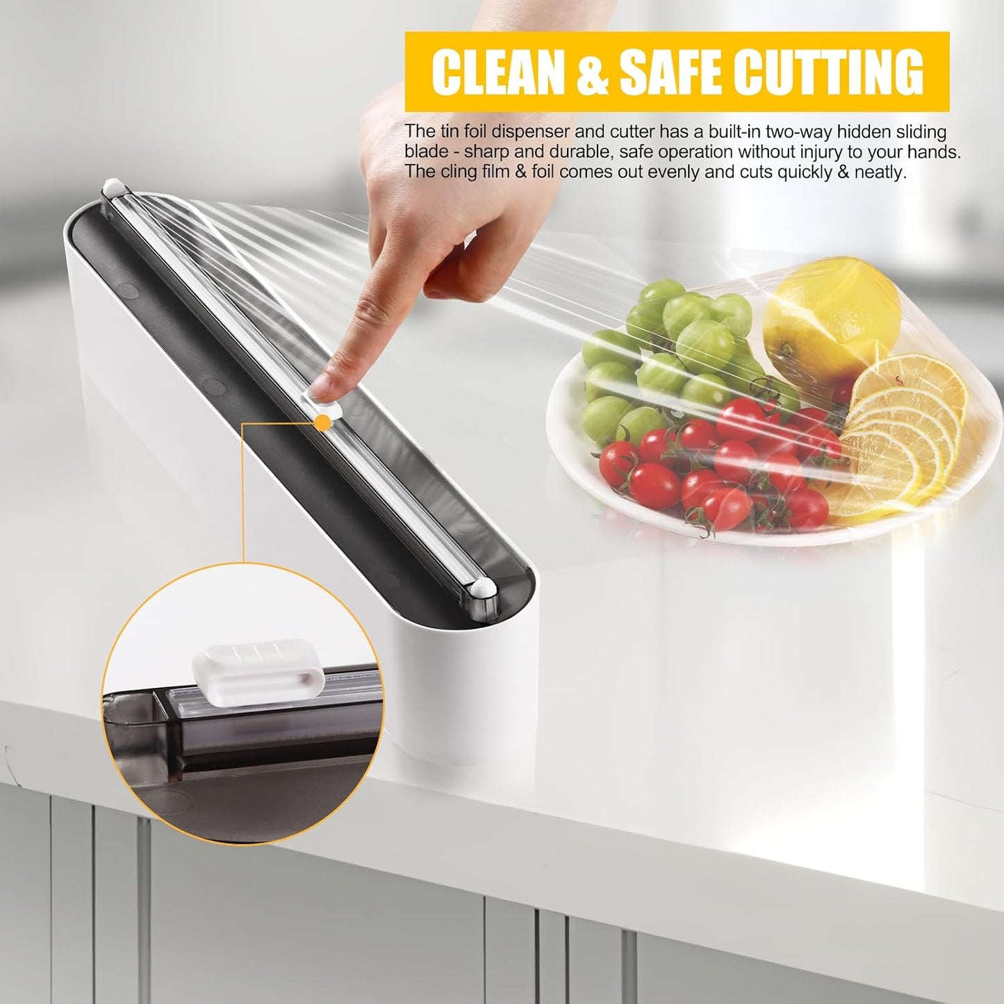 Aluminum Foil & Plastic Wrap Dispenser with Slide Cutter - Magnetic & No-Drill Wall Mount, Cling Film Dispenser for Worktops & Cabinets, Space-Saving Kitchen Organizer - Fits 12" Rolls, White