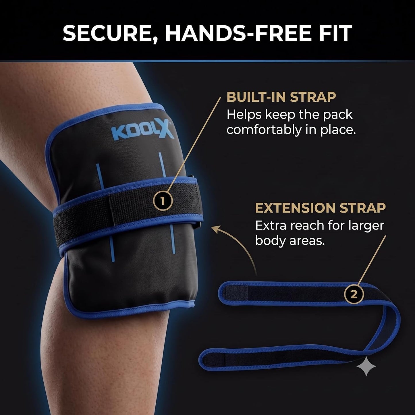 2 Pack KoolX Premium Gel Ice Packs for Injuries Reusable, Flexible Cold Wraps with Straps, Soft Plush & Nylon Sides, Extension Strap, Ice Pack for Knee, Back, Shoulder, Elbow & Calf - Medium + Large
