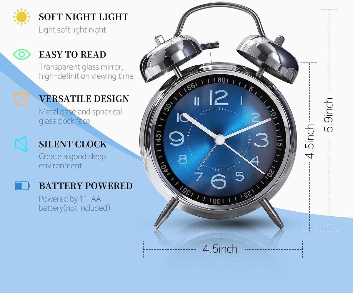 Super Loud Alarm Clock For heavy sleepers,4 inches Twin Bell Alarm Clock with Backlight,Battery Operated,Silent Non Ticking,For Kids,Adults,Bedrooms,Retro decor Desk Analog Clocks.. (Noctilucent)