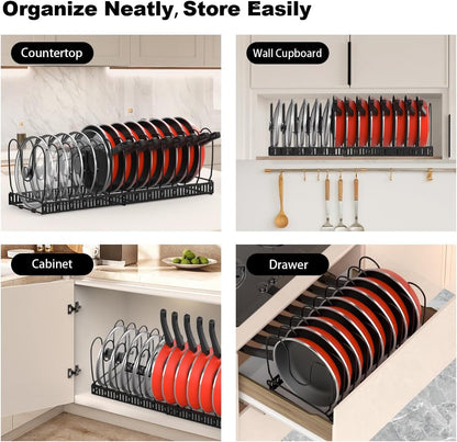Housolution Pot and Pan Lid Organizer Holder Storage Rack, Black | 12"-23" Expandable, 14 Adjustable Dividers, Sturdy Metal Construction, Easy Assembly