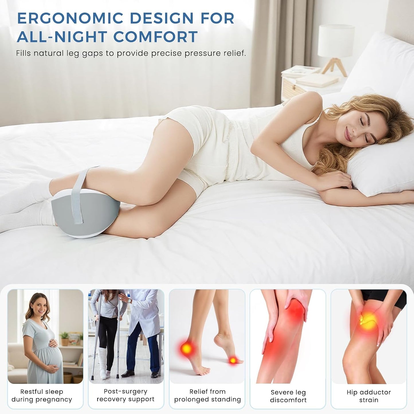 Knee Pillow for Side Sleepers, Leg Pillow with Adjustable Hook & Loop Strap & Removable Washable Cover for Spine Alignment, Sciatica, Hip & Back Pain Relief