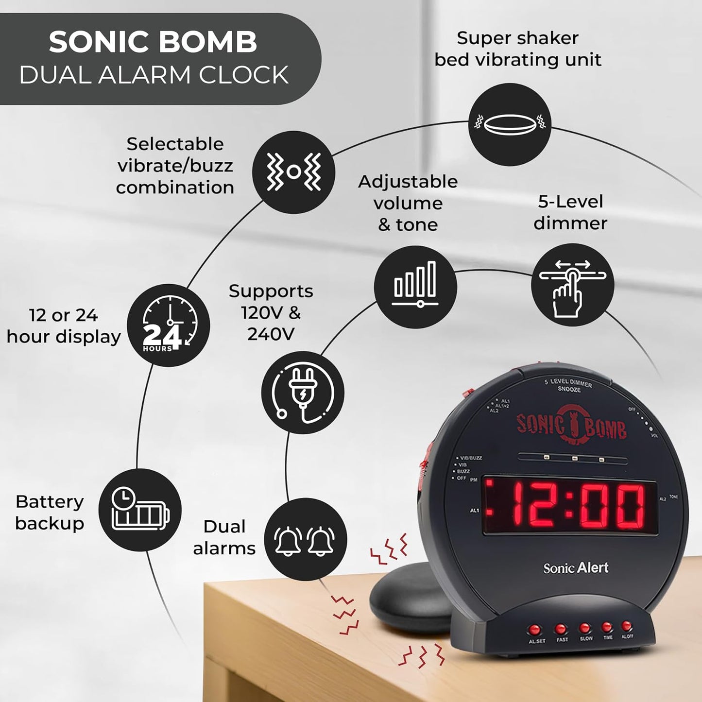 Sonic Alert Sonic Bomb Dual Alarm Clock with Bed Shaker, Black Vibrating Alarm Clock Heavy Sleepers, Battery Backup | Wake with a Shake