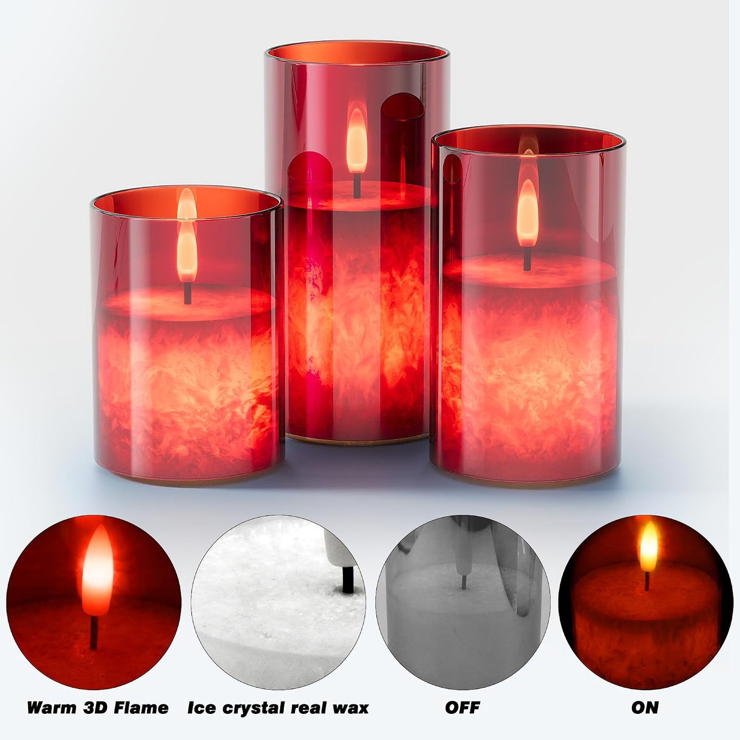Battery Operated Flameless Candles with Remote & Timer, Gold Glass 3Pack | Real Wax Crystal Texture, D3×H4/5/6", 2/4/6/8H Timer, Dimming, Flickering Realistic LED Candles for Wedding Table Decor