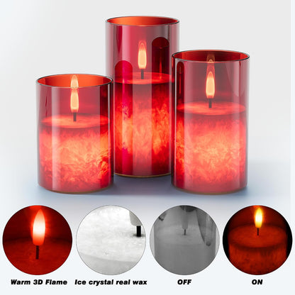 Battery Operated Flameless Candles with Remote & Timer, Gold Glass 3Pack | Real Wax Crystal Texture, D3×H4/5/6", 2/4/6/8H Timer, Dimming, Flickering Realistic LED Candles for Wedding Table Decor