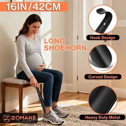ZOMAKE Shoe Horn Long Handle for Seniors Men Women, Metal Shoehorn 16.5" | Stainless Steel Boot Horn Shoe Spoon Helper, Smooth Rounded Curve, Comfort Grip, No Bending Over, Shoe Care for Daily Use