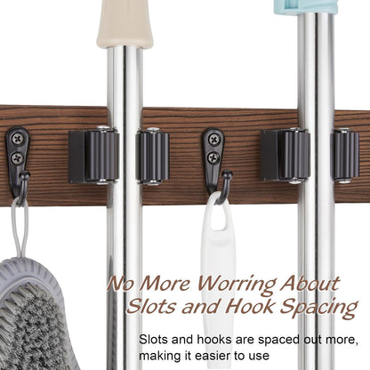 OUTNILI Mop and Broom Holder Wall Mount - Wood Broom Mop Hanger - Wall Mounted Garden Tool Rack Organizer for Closet Garage Laundry Room, Rustic Kitchen Decor With 4 Slots & 4 Hooks