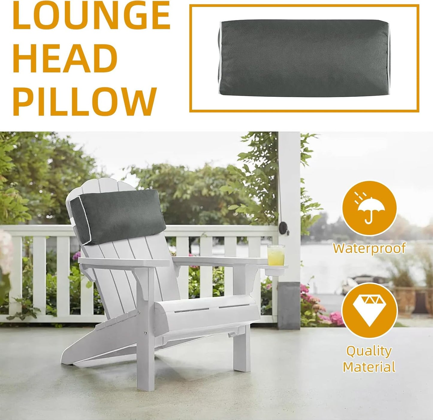 2 Pack Outdoor Chaise Lounge Head Pillow, Patio Pool Chair Pillows Water Resistant Headrest Pillow Lumbar Pillows with Insert and Adjustable Elastic Strap for Recliner Beach Chair, Dark Gray