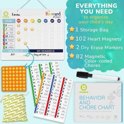 Magnetic Chore Chart for Kids - Reward Behavior Chart for Kids at Home | Dry Erase Morning Routine Schedule Board - Responsibility Star Chart for Toddlers 3-5 - 48 Magnets and 49 Stars