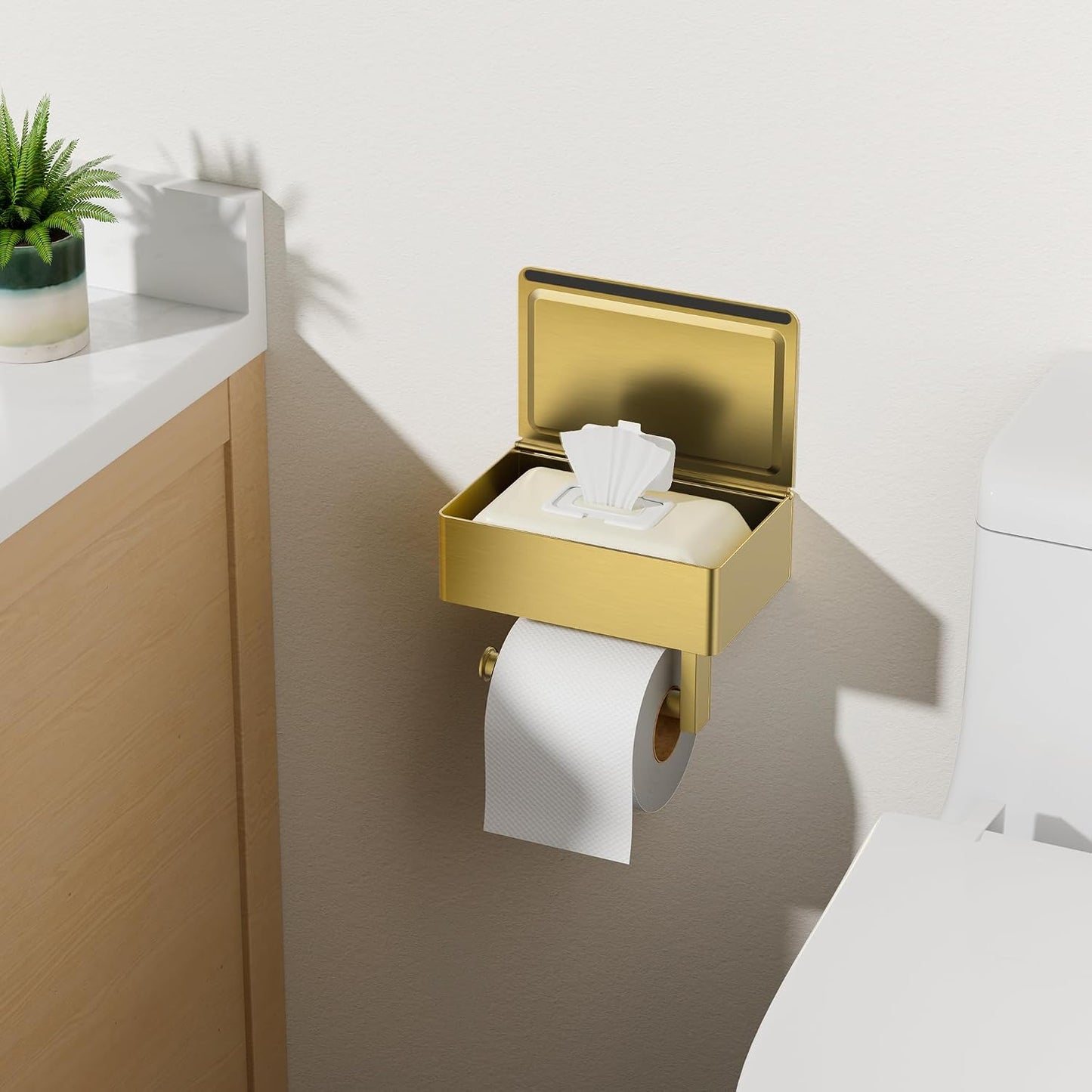 FORIOUS Toilet Paper Holder with Shelf, Wall-Mounted Modern Wipes Dispenser | Brushed Nickel | Toilet Paper Holder with Storage for Bathroom | Fits Wipes, Sanitary Napkin, Tampon | 8.0"x5.3" Large Shelf