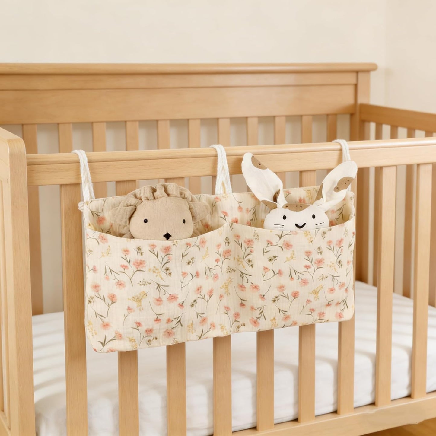 Baby Bedside Hanging Storage Bag Muslin Cotton Teddy Bear, Crib Diaper Caddy Organizer 2 Pockets, Nappy-Dormitory Nursery Organization Holder for Cribs, Playard or Wall Milk Bottle Bib Organizing