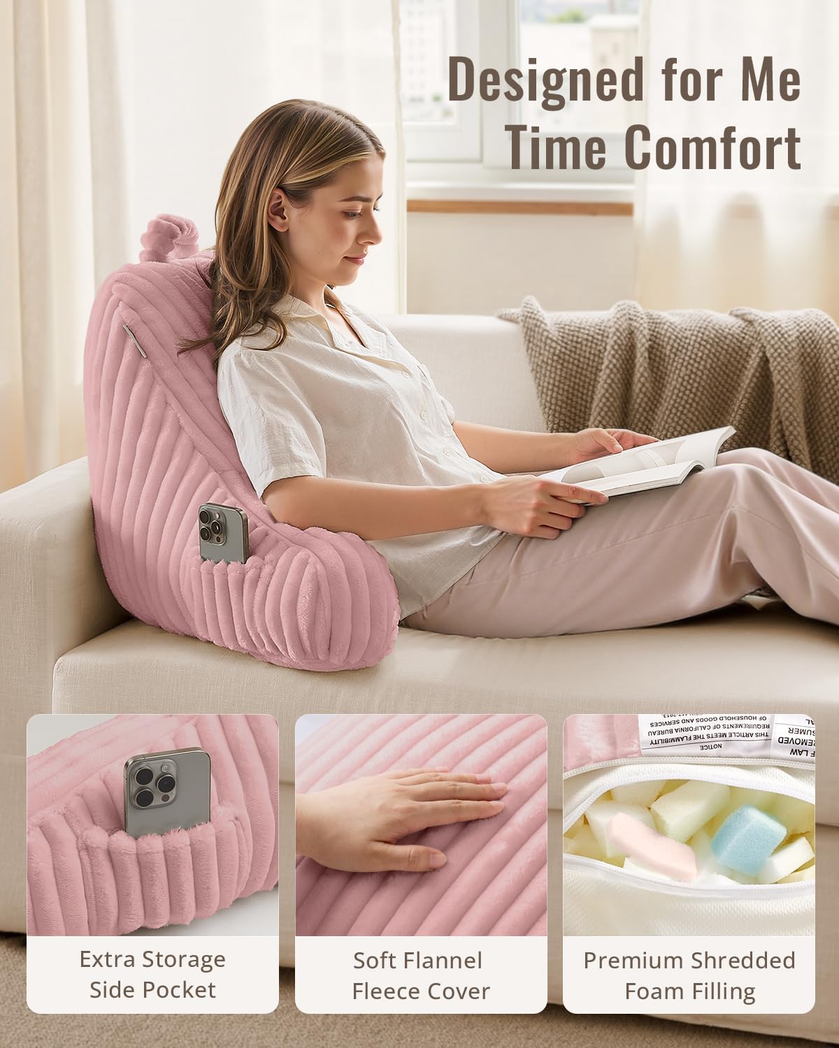 Blissful Diary Reading Pillow, Backrest Pillow with Shredded Memory Foam for Adult & Children, Designed for Bed and Couch Sitting Up, Includes Arms, Pockets and Washable Cover, Off White