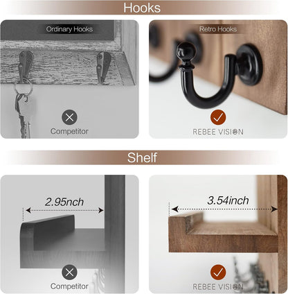 Rebee Vision Key Holder Wall Mount with 5 Key Hooks for Home Decor, Brown | 3.54'' x 10'' x 7.28'', Small Shelf for Display Plant, Key Hangers for Hat, Entryway Space-Saving Storage