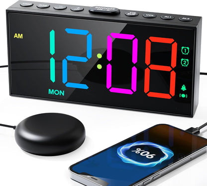 Roxicosly Vibrating Alarm Clock with Bed Shaker for Heavy Sleepers, 3-Level Vibration, Dual Alarms with Weekday & Weekend Mode, Large Digits, Dimmer, Snooze, USB Charger, Battery Backup