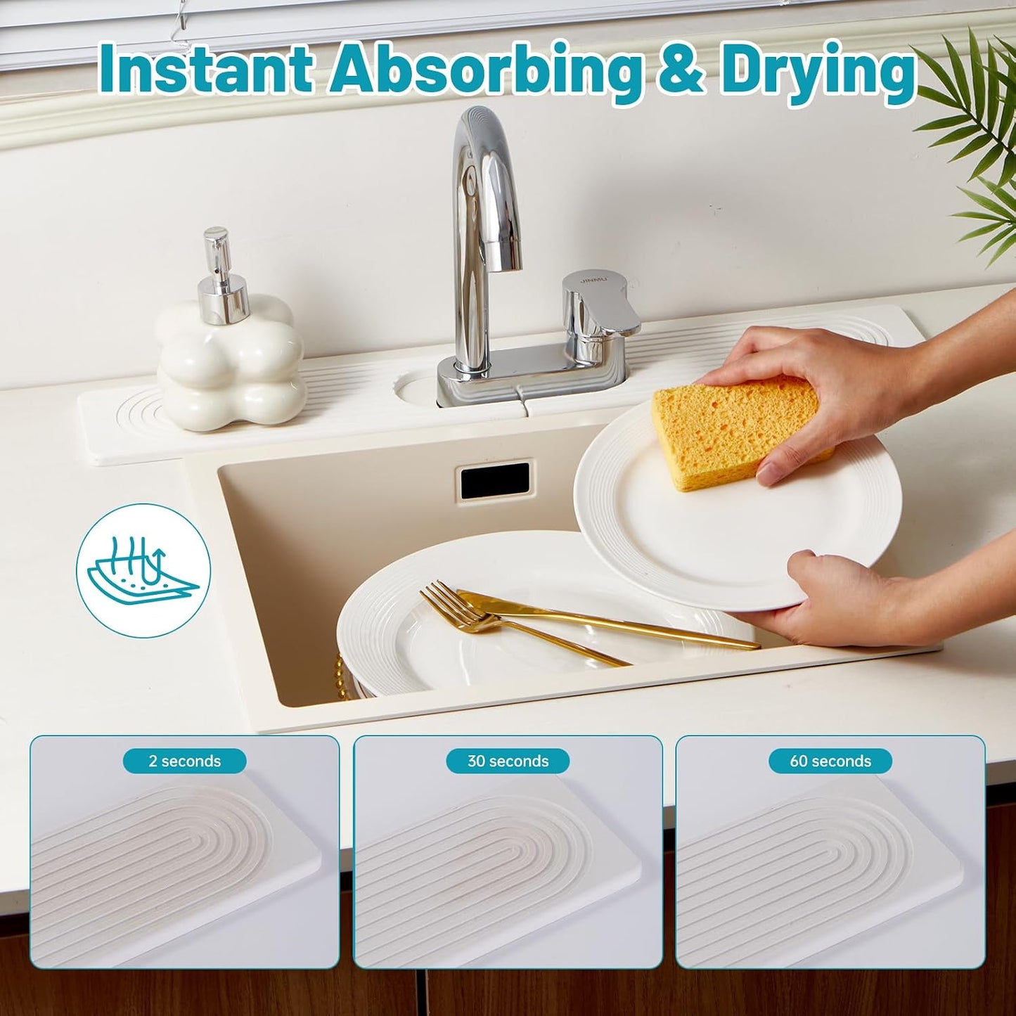 Stone Faucet Mat for Kitchen Sink Oval Hole Bathroom sink splash guard | Water-Absorbing Diatomite Stone Drying Mat & Sink Protectors Absorbent Stone Tray for Bathroom Counter, Oval Hole 6.5" x 2.5"