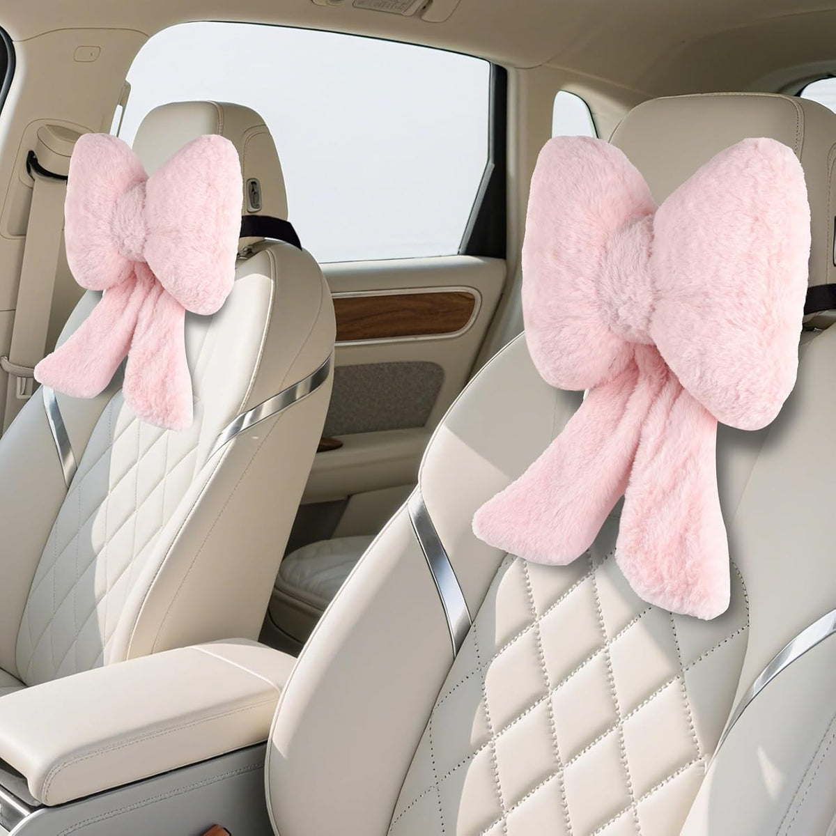 2 Pack Bow Car Headrest Pillows Plush Car Neck Pillows for Travel Driving Office Chair Head Support Cushions, Also Cute Car Decor Accessories (Black)