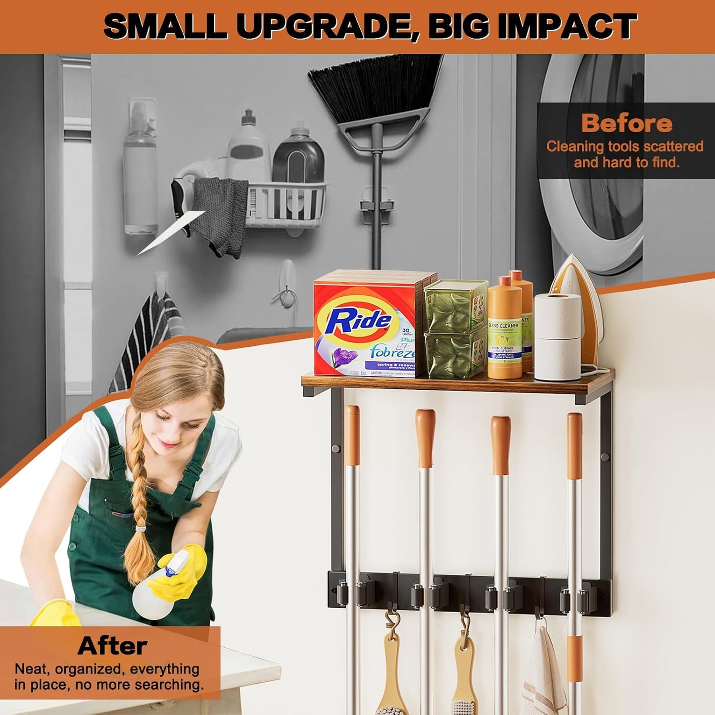 Broom Holder Wall Mount with Cleaning Supplies Organizer, Laundry Room Organization and Storage Shelves with Mop Hanger Rack Gripper Hooks, Utility Shelf Closet Organizer for Home Garage Kitchen