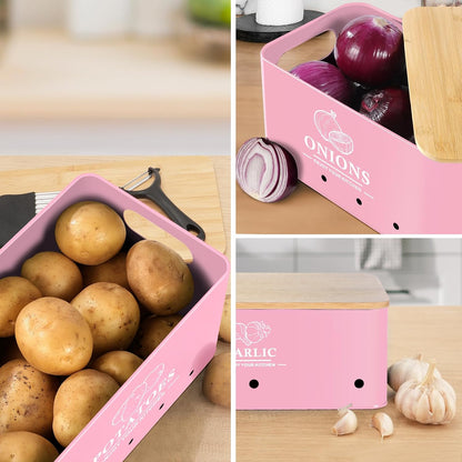 Kitchen Vegetable Storage Set of 3, Metal Onion Garlic Potato Storage Set, Kitchen Canisters Vegetable Keeper Containers with Aerating Holes and Bamboo Lid,Black