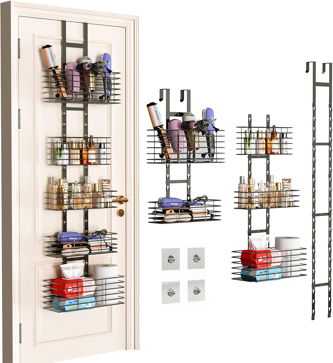 Yuyetuyo 7-Tier Over The Door Organizer, Shower Caddy Hanging &Wall Mounted Hair Tool Organizer/Hair Dryer Holder Adjustable, Behind Door Storage for Bathroom Bedroom Closet Cabinet Pantry Kitchen