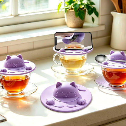Enenes 4 Pack Silicone Tea Bag Holder and Squeezer, 4 Inch Cat-Shaped Cup Lid Cover for Tea Bags, Reusable Dishwasher Safe Mug Cover for Tea Cups and Coffee Mugs