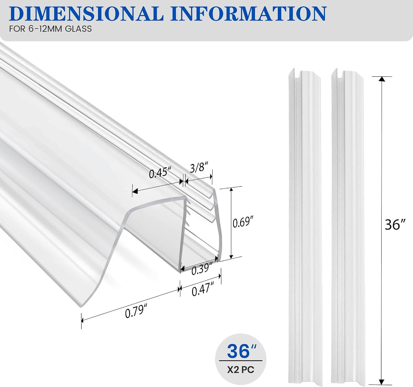 Bathroom Shower Glass Door Bottom Seal Strips, Length 36 Inch 2PCS Transparent PVC Door Bottom Seall Strips for 3/8" (10MM) Thick Framless Glass Panel