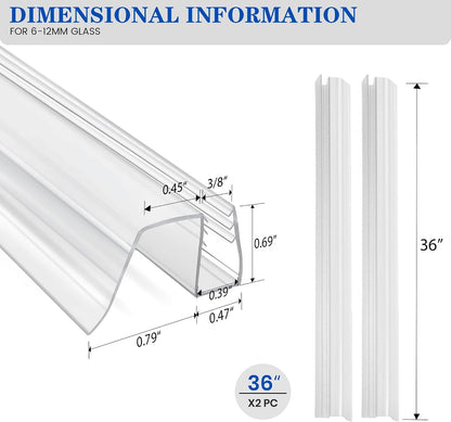 Bathroom Shower Glass Door Bottom Seal Strips, Length 36 Inch 2PCS Transparent PVC Door Bottom Seall Strips for 3/8" (10MM) Thick Framless Glass Panel