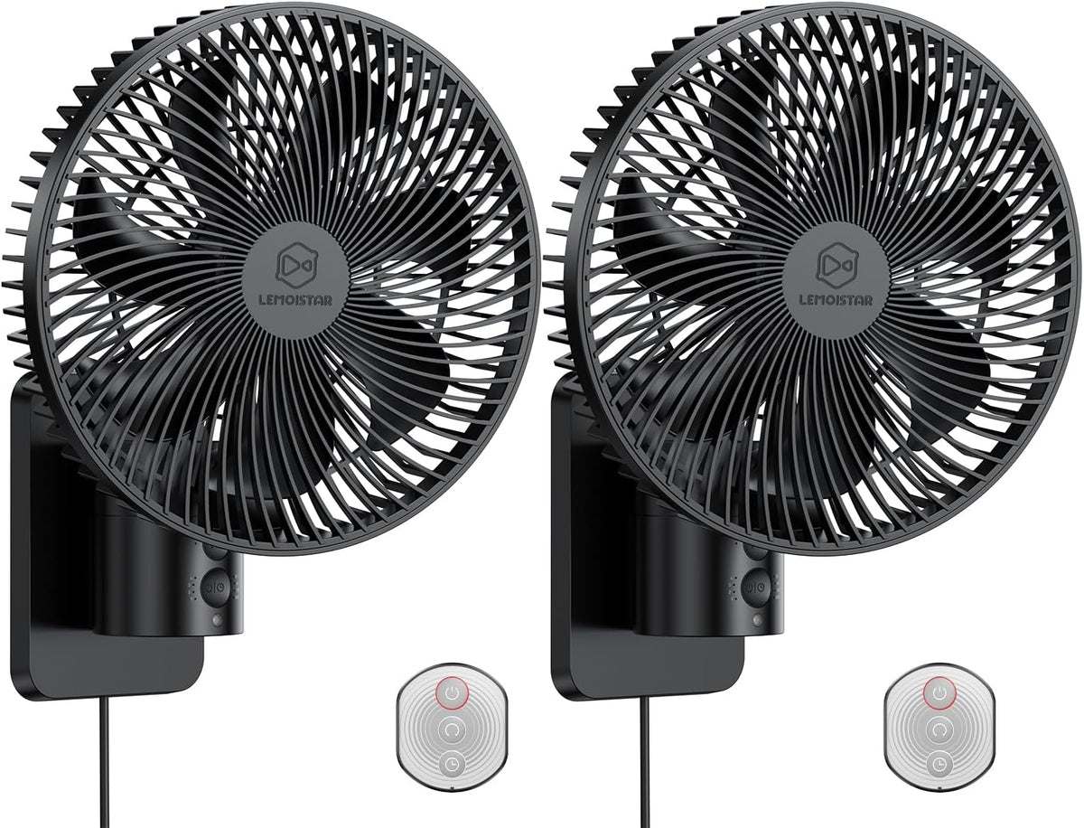LEMOISTAR 8 Inch Small Wall Mounted RV Fan with Remote Control, 90° Oscillating, 4 Speeds, 4 Timer, Adjustable Tilt, 70 Inch Cord, Quiet, for Corner Bedroom Home Office Garage-Black