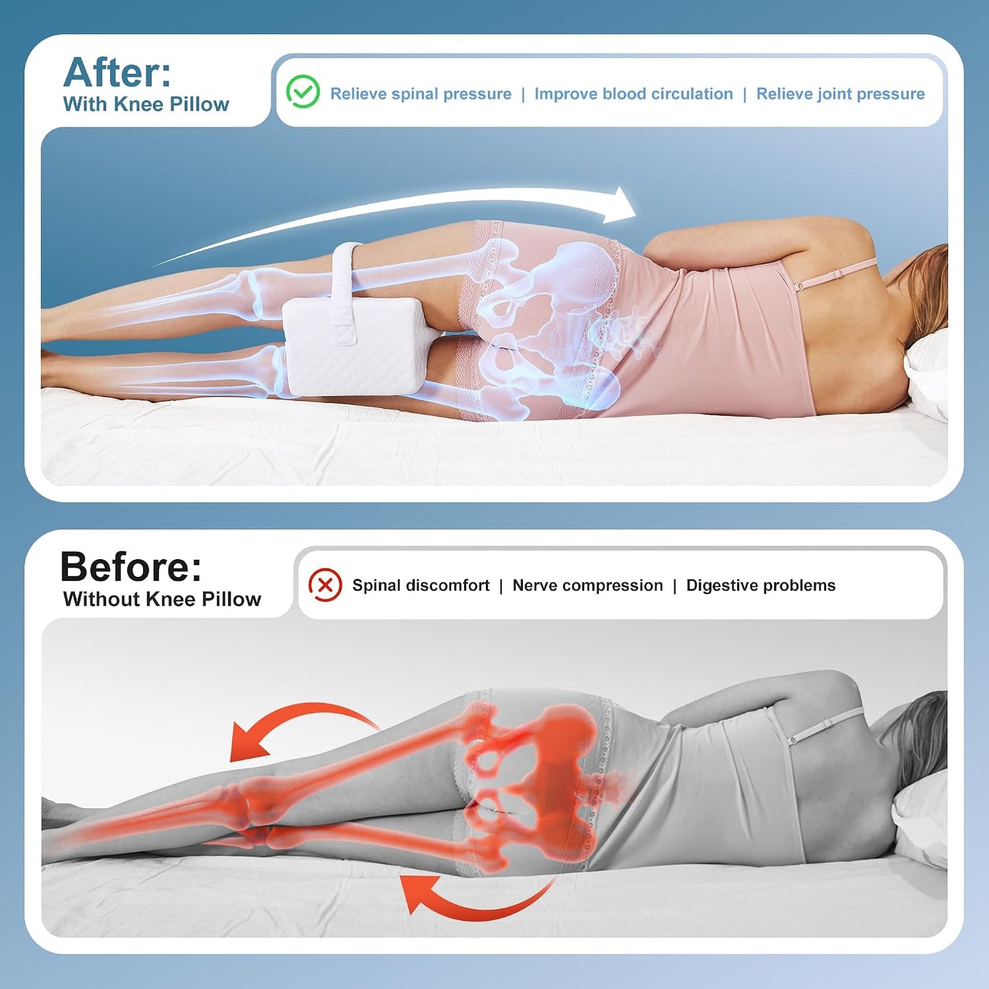 UJPFEO Knee Pillow for Side Sleepers, Leg Pillow for Sciatica, Back, HIPS, Knees, Joints Pain Relief,Pillows for Between Legs While Sleeping Spine Alignment Support & Relieves Pressure,Cooling White