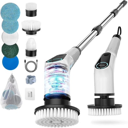 Dovety Electric Spin Scrubber, Extendable Handle, 8 Brush Heads-WH | 90-minute long runtime, Type-C fast charging, multi-scene cleaning tool for shower, bathtub, tile and bathroom scrubbing
