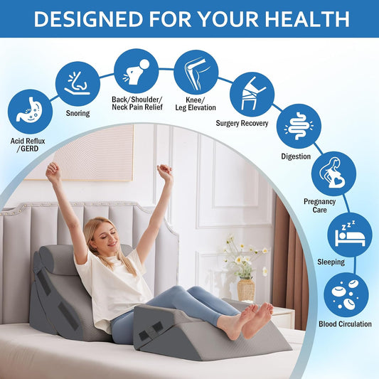 5Pcs Wedge Pillow Set for After Surgery, Memory Foam, White/Grey | Orthopedic Bed Wedge, Acid Reflux Relief, Back Pain Relief, Adjustable Back Pillow for Bed Sitting up, Removable Cover