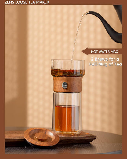 ZENS Glass Infuser Teapot, One Touch Tea Maker for Loose Leaf Tea, Walnut