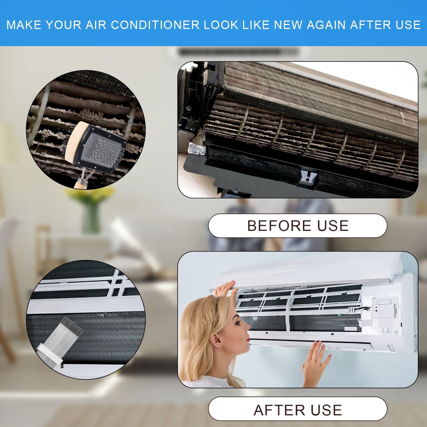 PEUTIER 3pcs Air Conditioner Fin Cleaning Brush, HVAC Conditioner Condenser Cleaner Stainless Steel Refrigerator Coil Cleaning Brush AC Fin Comb Evaporator Radiator Fin Repair Fridge Cleaning Tool