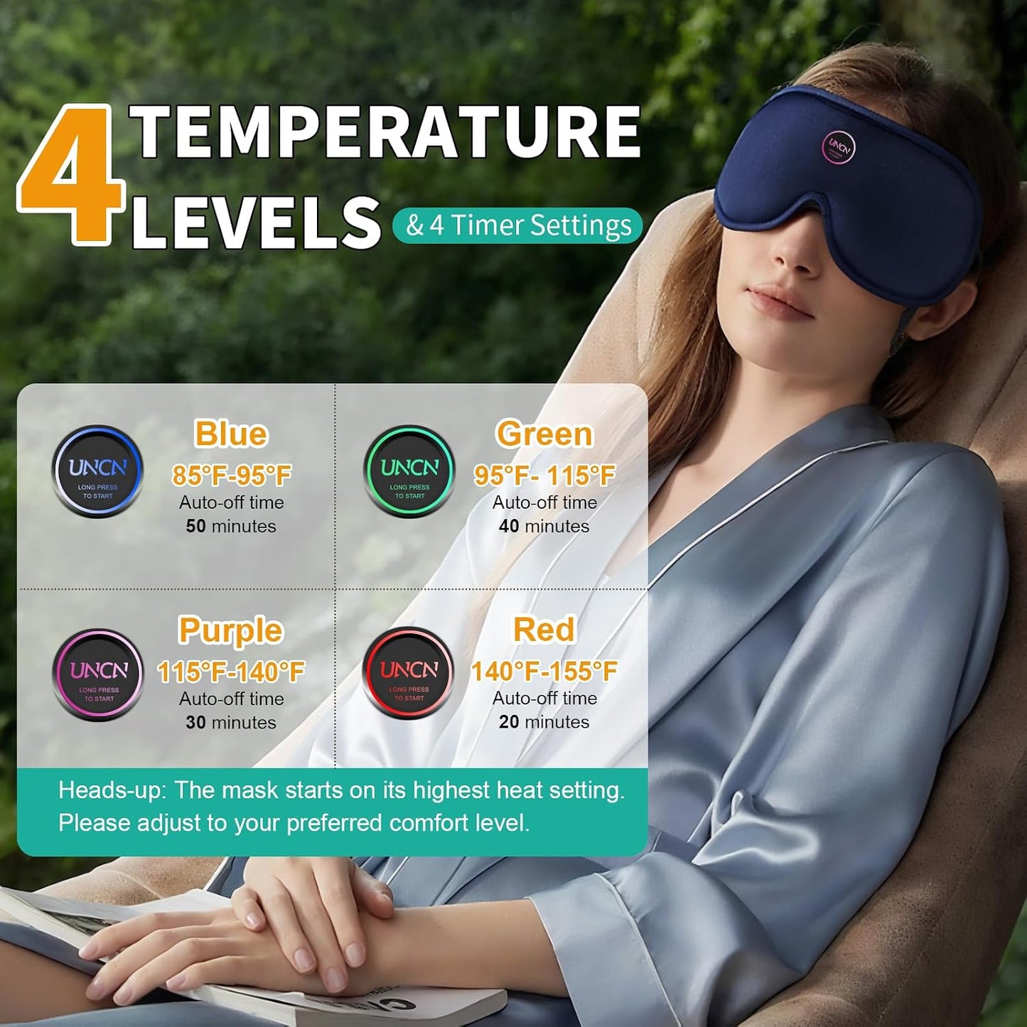 UNCN Heated Eye Mask for Dry Eyes Cordless Rechargeable 4 Temp Settings | 2500mAh cordless 4 temp settings 85-155°F 4 auto timers 20-50min off block light adjustable washable cotton cover