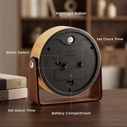 Analog Alarm Clock - 4.5" Silent Non Ticking Small Clock with Light, Rotatable Stand Metal Desk Clock Battery Operated, Simple Design for Living Room Decor/ Bedroom/Bedside/Shelf (Black & White)