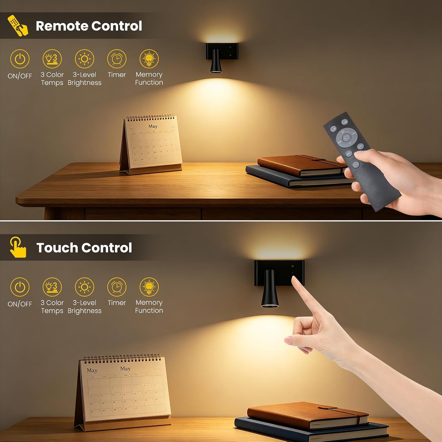 Koopala Battery Operated Wall Sconce, 10000mAh Dual Head Reading Light | LED Wall Lights with 3 Color Temperatures Dimmable, Remote &Touch, Wireless Sconces for Bedroom Living Room Hallway