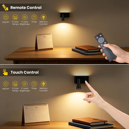 Koopala Battery Operated Wall Sconce, 10000mAh Dual Head Reading Light | LED Wall Lights with 3 Color Temperatures Dimmable, Remote &Touch, Wireless Sconces for Bedroom Living Room Hallway