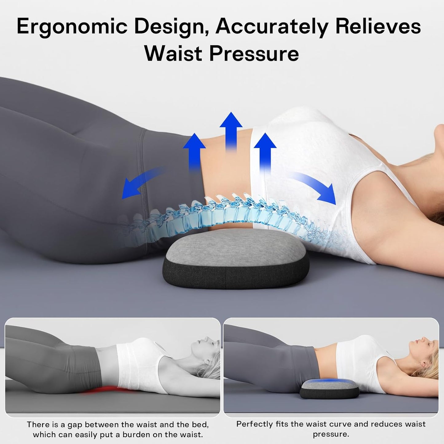 Lumbar Support Pillow for Bed, Lower Back Pillow for Sleeping, Memory Foam Waist Pain Relief Pillows, Lumbar Pillow for Sleeping, Bed, Car, Couch (Grey Black)