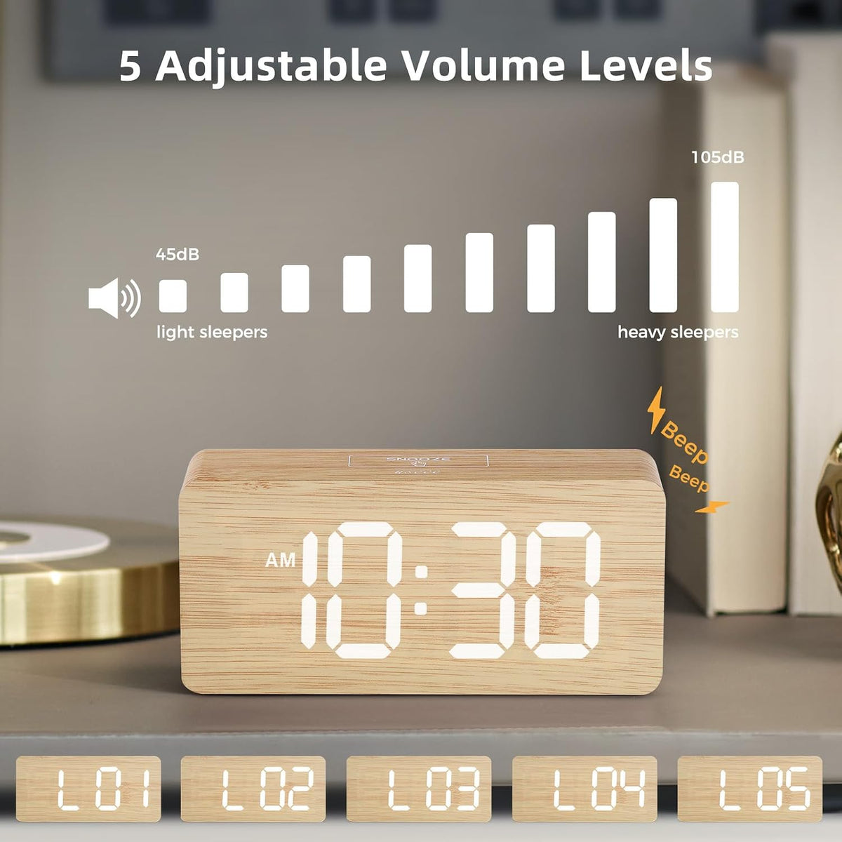 uscce Wooden Digital Alarm Clocks for Bedrooms with 0-100% Dimmable Display