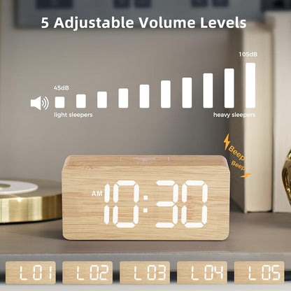uscce Wooden Digital Alarm Clocks for Bedrooms with 0-100% Dimmable Display