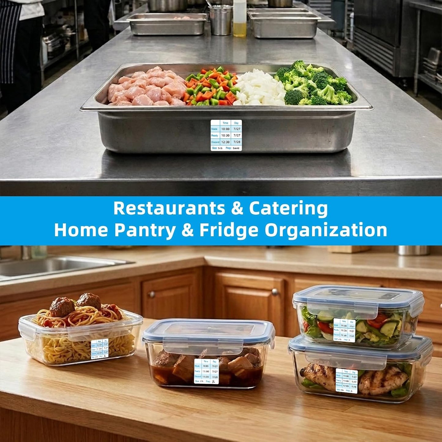 L LIKED 250 Pcs Made/Ready/Discard Dissolvable Labels 2"x2" Blue | BPA-free, microwave & dishwasher safe. -40~150°F. Includes dispenser box. For preparation, pantry, restaurant & meal prep