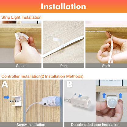 WOBANE 16.4ft Motion Sensor LED Strip with Remote,Warm White Tape Lighting | Dimmable LED Strip Lights for Kitchen, Under Cabinet, Bedroom, Shelf, Bed, PIR Function,Night Light,Adapter,3000K Warm White