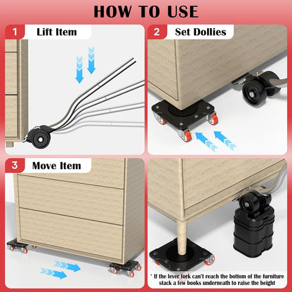 Heavy Duty Furniture Movers with 5-Wheel Dollies, Furniture Dolly Set with Lifter & Base, 360° Swivel Casters, Non-Slip Pads, Up to 2000 lbs Load Capacity