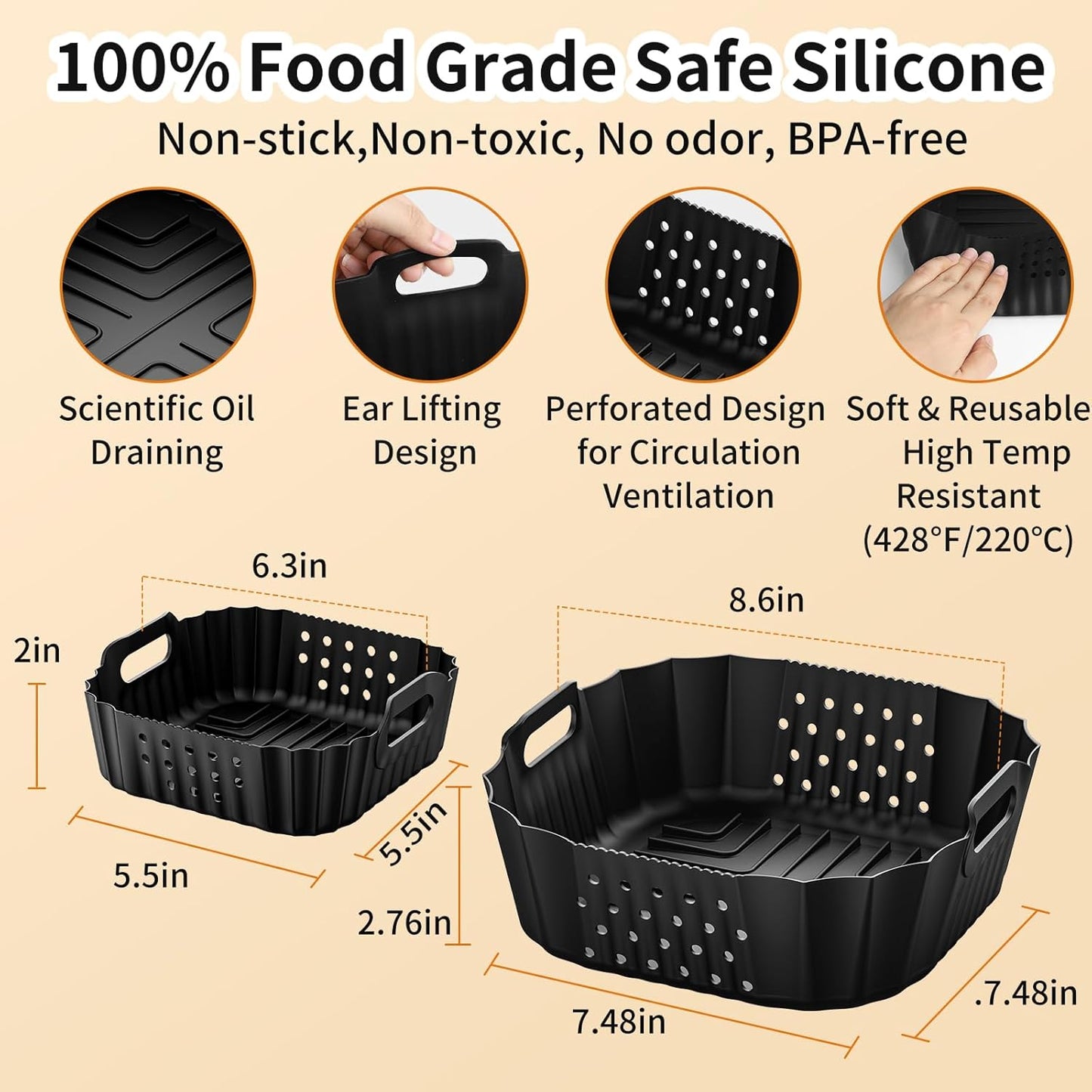 Air Fryer Silicone Liners for Ninja Crispi FN101GY/FN101SG/FN101ST Reusable | Big Liner for 4 QT Glass Container & Small Liner for 6 Cups Glass Container, 2 Pcs Reusable Non-Stick Basket Accessories