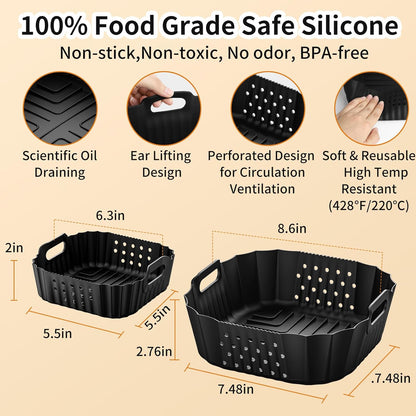 Air Fryer Silicone Liners for Ninja Crispi FN101GY/FN101SG/FN101ST Reusable | Big Liner for 4 QT Glass Container & Small Liner for 6 Cups Glass Container, 2 Pcs Reusable Non-Stick Basket Accessories