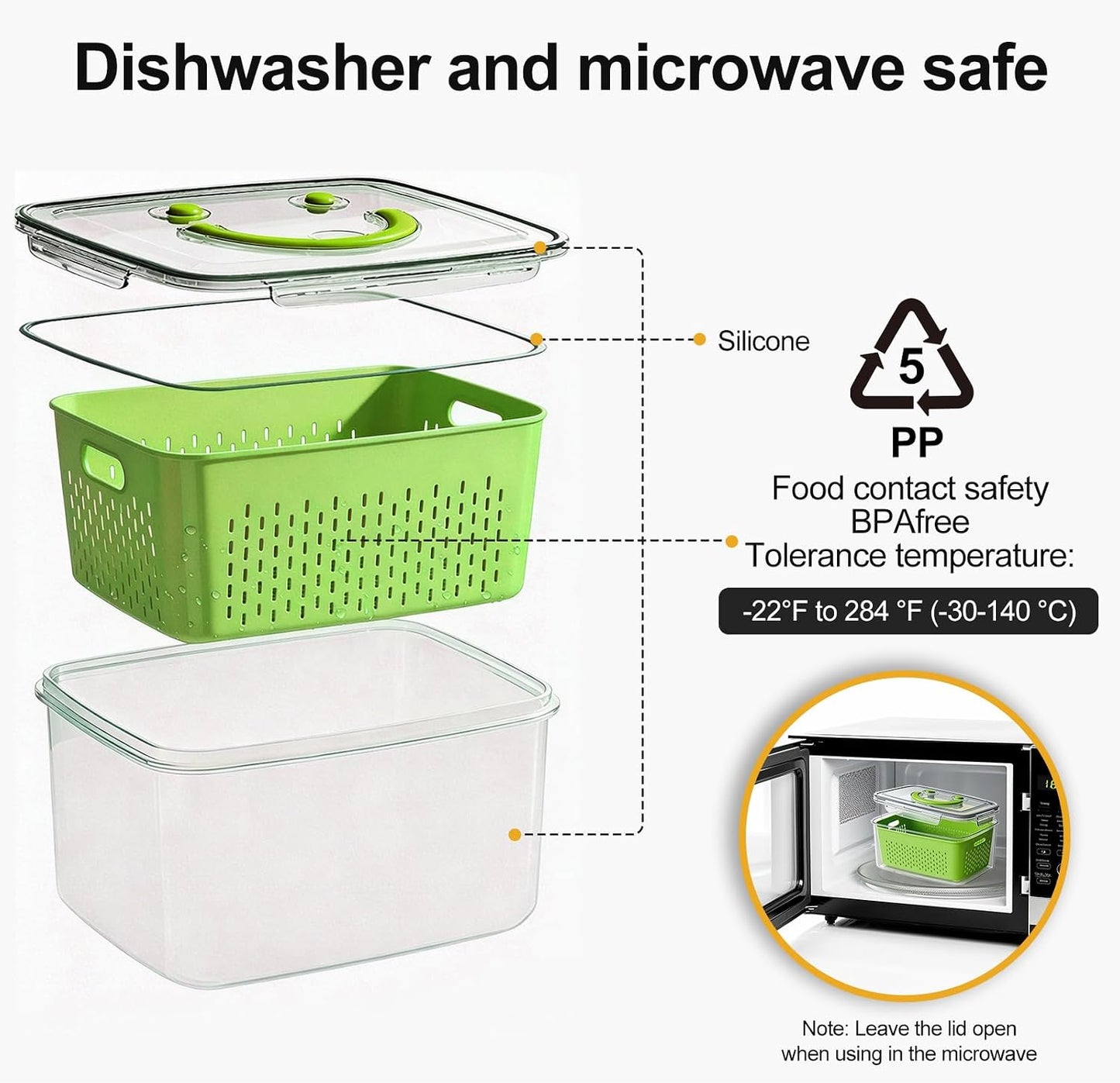 YudouTech 4 PCS Fruit Storage Containers for Fridge-Features removable Colander,All-in-One Fruit Washing Bowl & Colander,Microwave/Dishwasher Safe for Berry,Lettuce,Salad & Meat Fresh Longer,Green