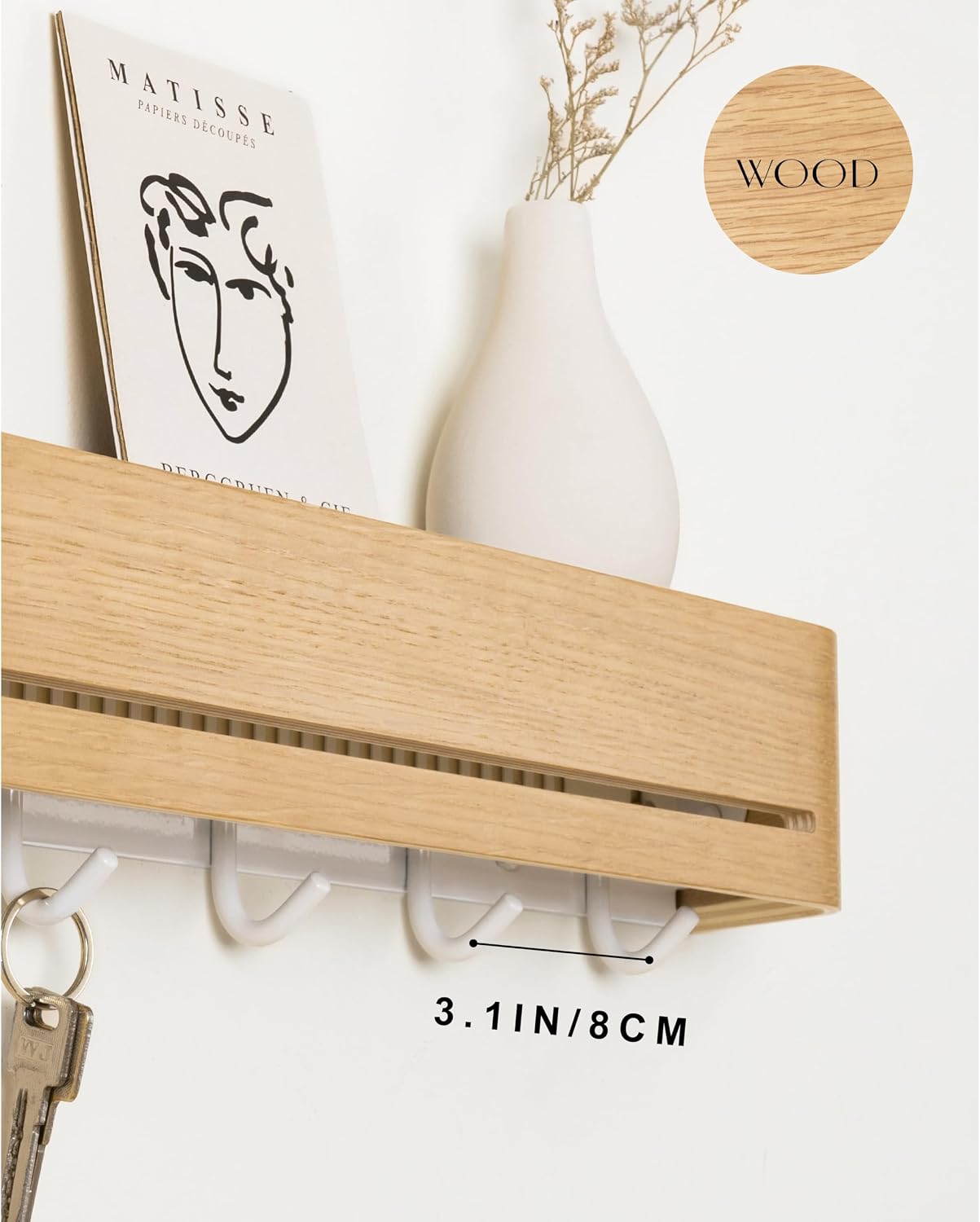 Key Holder Wall Mount with Shelf | 17 inch | Oak | 5 Retractable Hooks | Minimalist | Space-Saving | Modern Wall Coat Hooks | Wooden Key Rack for Entryway & Hallway