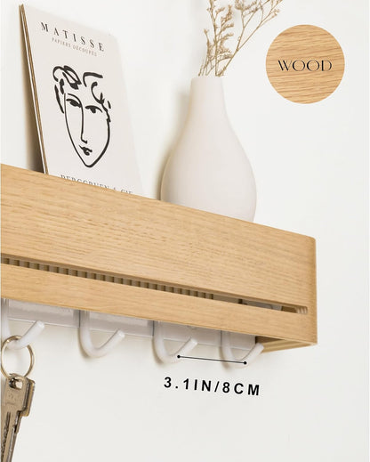 Key Holder Wall Mount with Shelf | 17 inch | Oak | 5 Retractable Hooks | Minimalist | Space-Saving | Modern Wall Coat Hooks | Wooden Key Rack for Entryway & Hallway